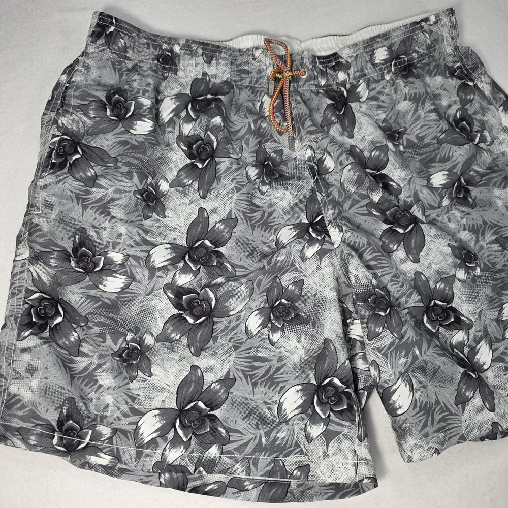 Bugatchi Mens XXL 40 Swim Trunks Orchid Floral Hawaiian‎ Black And White